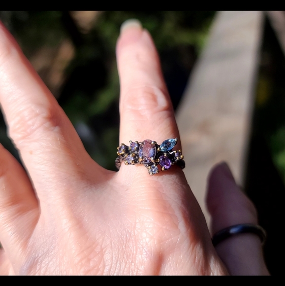 Amethyst Tanzanite & Aquamarine cluster Sterling ring sz 9 - Picture 9 of 9